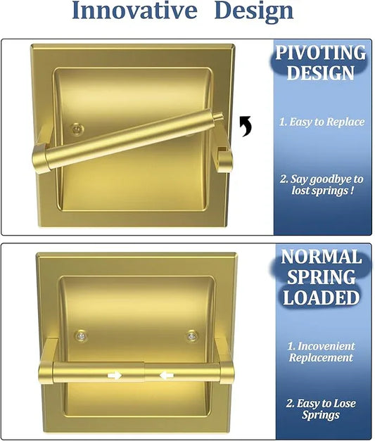 Recessed Toilet Paper Holder 2 Pack Gold， in Wall Toilet Paper Holder Pivoting，Wall Mount Toilet Paper Roll Holder, Bathroom Shallow Gold Stainless Steel Tissue Holder - ModernBath