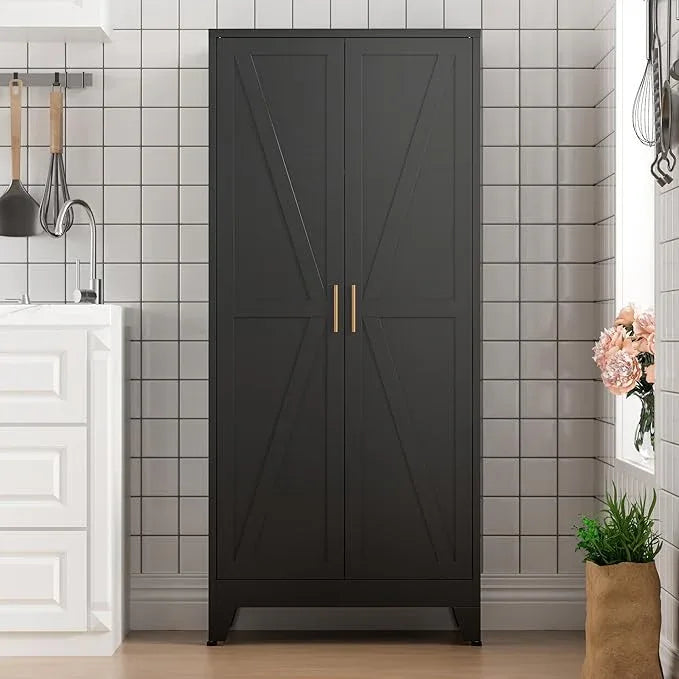 COFaR Black Farmhouse Storage Kitchen Pantry Cabinet with 2 Barn Door, 4 Adjustable Shelves and Legs, for Cupboard/Dining Room/Bathroom/Living Room/Office/Laundry Room (Black, 71" Farmhouse) - ModernBath