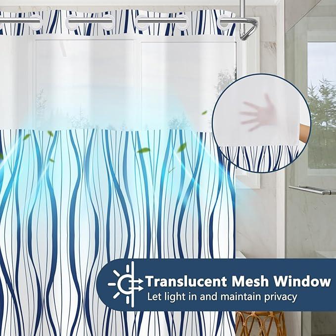 Abstract Blue Striped Shower Curtains for Bathroom, Waterproof Double Layers Fabric Printed No Hook Shower Curtain and Liner Set, Modern Geometric Hotel Luxury Decor Bathroom Curtain, 71x74 Inch - ModernBath