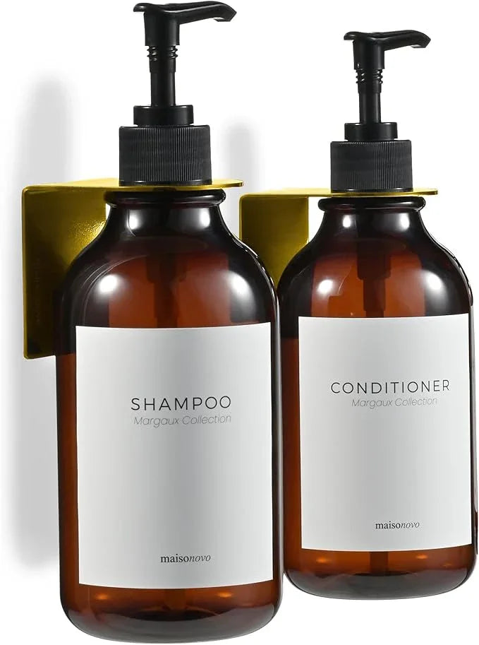 MaisoNovo Shampoo and Conditioner Dispenser - Shower Soap Dispenser Wall Mounted - 16.9 fl oz Set of 2 Amber Plastic Bottles Black Pump - 2 Chamber No Drill - ModernBath