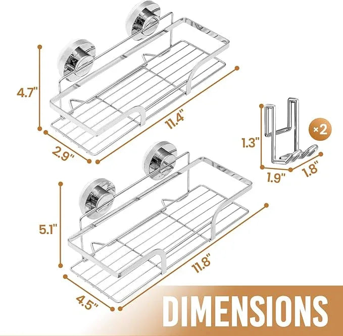 LEVERLOC Shower Caddy Suction Cup 2 Pack, Shower Shelf for Inside, Large Capacity Bathroom Organizers and Storage, Rustproof & Waterproof Metal Bath Basket, No-Drilling, Heavy Duty, Silver - ModernBath