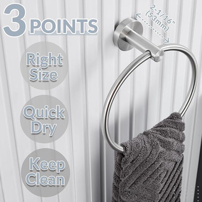 APLusee Bathroom Towel Ring Brushed Nickel, 304 Stainless Steel Hand Towel Holder for Bathroom Kitchen, Single Round Swivel Hanger, Wall Mounted - ModernBath