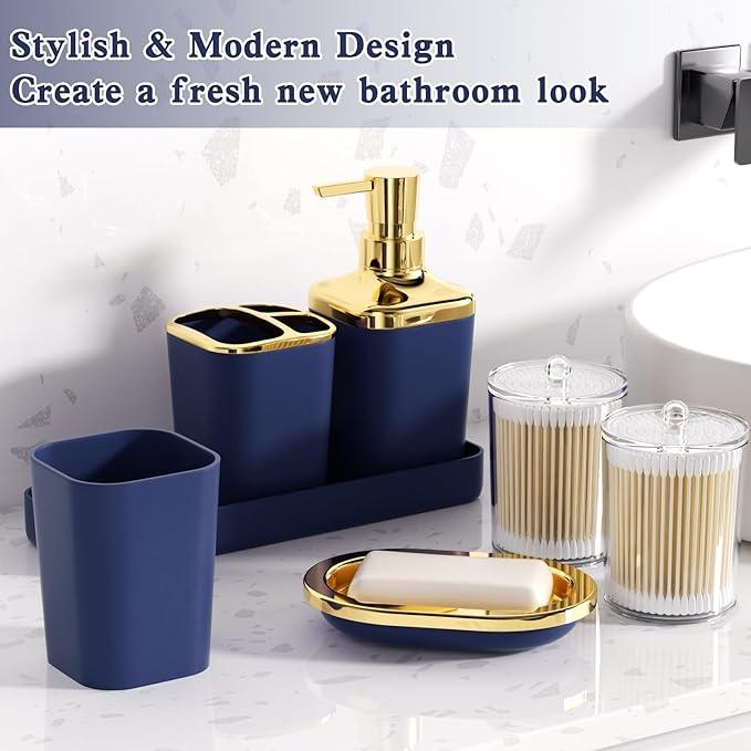 XLHOMO Blue and Gold Bathroom Accessories Set, Bathroom Sets with Shower Curtain, Blue Bathroom Accessories with Trash Can, Soap Dispenser, Soap Dish, Toilet Brush Holder, Qtip Holders for Bathroom - ModernBath