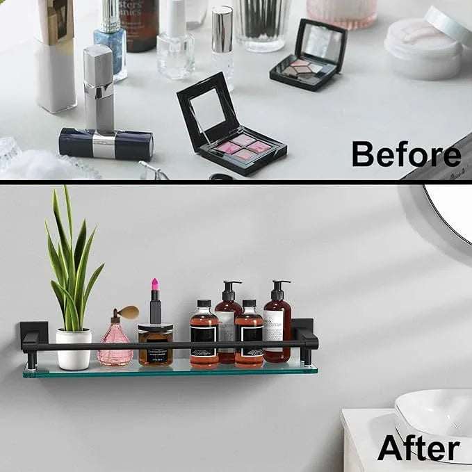 Bathroom Glass Shelf 20IN Rectangular Stainless Steel Tempered Glass Shelves Modern Stainless Steel Wall Mount Bathroom Shelf (Matte Black, 20‘’) - ModernBath