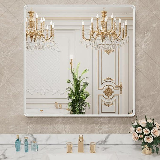 LOAAO 38x38 Inch White Metal Framed Bathroom Mirror for Wall, White Bathroom Vanity Mirror Farmhouse, Large Rounded Rectangle Mirror, Anti-Rust, Tempered Glass, Hangs Horizontally or Vertically - ModernBath