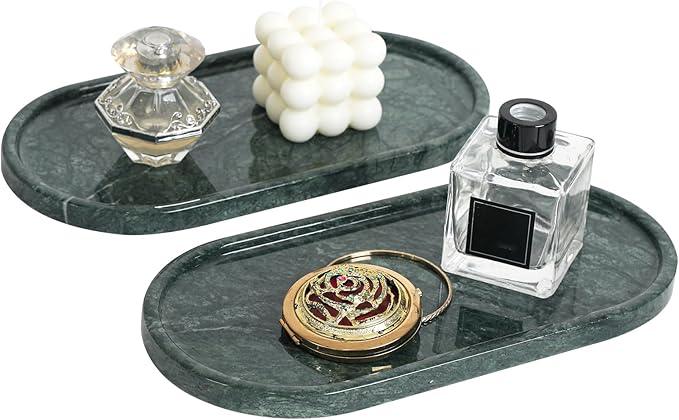 Faticdorr Green Marble Tray, 2 Pcs, Marble Vanity Tray, Bathroom, Decor for Trinket Perfume Jewelry Candle, 12 Inch Oval - ModernBath