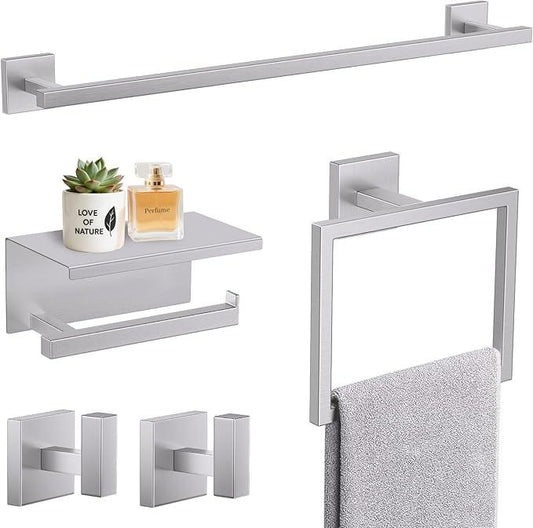 TURS 5-Pieces Brushed Nickel Bathroom Hardware Accessories Set 23.6" Towel Bar Set Wall Mounted Square Toilet Paper Holder with Shelf Stainless Steel - ModernBath