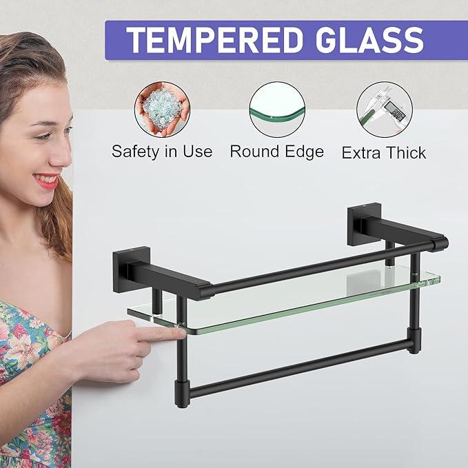 Glass Shelf for Bathroom 16 Inch Bathroom Shelves with Towel Bar, Tempered Glass Shelves with Stainless Steel Towel Holder for Wall Shelf Sink Over Toilet (Matte Black) - ModernBath