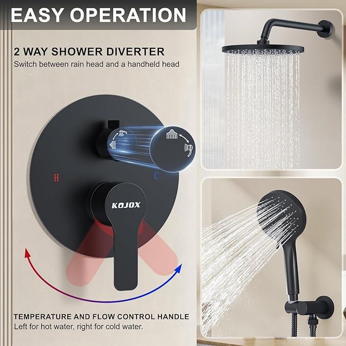 KOJOX Shower System- High Pressure Shower Head- 3 Setting Headheld Shower Head Fixtures- Shower Valve Included (Matte Black) - ModernBath