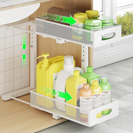 Under Sink Organizer, 2-Tier Pull Out Cabinet Organizer with Adjustable Height, Use in Kitchen Bathroom Cabinet and Countertop Storage, White - ModernBath