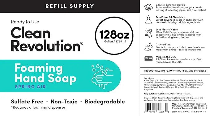 Clean Revolution Foaming Hand Soap Refill Supply Container, Ready to Use Formula, Spring Air Fragrance, Gluten Free, 128 Fl. Oz - ModernBath