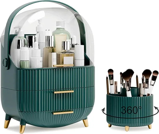 lurcns Makeup Organizers and Storage Make up Organizer for Vanity Cosmetics Skincare With Lid and Drawers Display Cases for Countertop Bathroom Women Teenager Girl Gifts(Dark Green+Brush Holder) - ModernBath