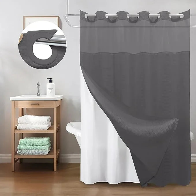 Inhousolu Long No Hook Shower Curtain with Snap in Fabric Liner Set Waffle Weave 230GSM Weighted Hem, Waterproof & Washable Bathroom Curtain Spa Luxury with Mesh Top Window 72"W x 78"L Graphite Grey - ModernBath