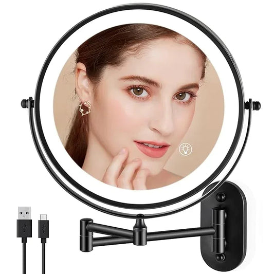 Rechargeable Wall Mounted Makeup Mirror, 8.5 inch Double-Sided 1/10x Magnifying Bathroom Mirror with 3 Color Lights, Lighted Vanity Mirror with 2-Touch Screen Dimming & Luminance Memory - ModernBath