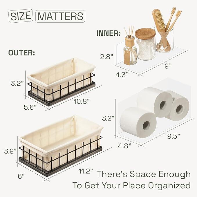 BAOBAB WORKSHOP Set of 2 Metal & Wooden Basket with Liners, Bathroom Basket Organizer & Kitchen Storage Decor, Toilet Paper Baskets for Back of Toilet Tank Tray Topper - ModernBath