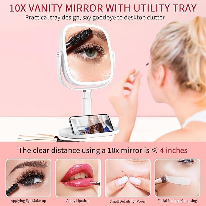Lighted Makeup Mirror, 2600mAh Rechargeable 1x/10x Magnifying Vanity Mirror, 8.5" Height Adjustable Makeup Mirror with Lights 3 Color, 360° Rotation 2-Sided Light up Large Desk Mirror, Gifts for Women - ModernBath