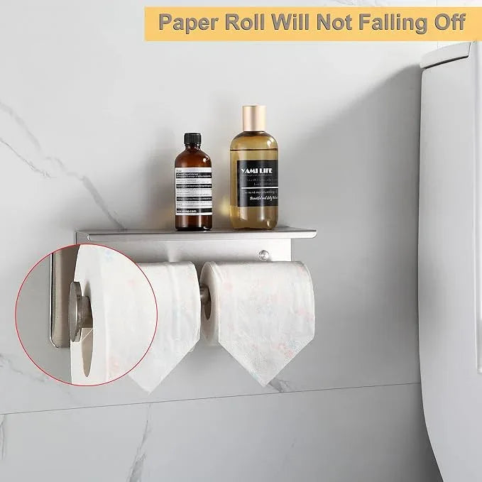 BGL Toilet Paper Holder with Shelf Brushed Nickel Double Head Toilet Tissue Roll Holder 304 Stainless Steel Wall Mount for Bathroom - ModernBath