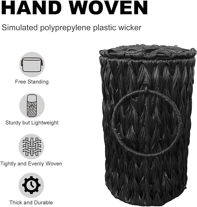 Black Toilet Paper Basket with Lid,Wicker Toilet Paper Storage Stand,Large Narrow Bathroom Towel Basket Mega Roll Container Bin for Toilet Tank,Floor - ModernBath