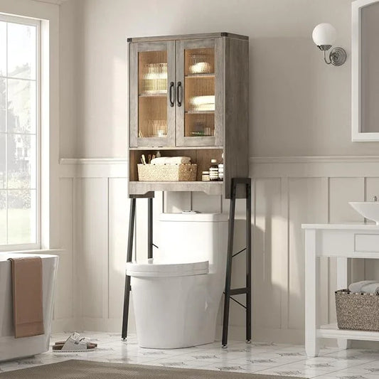 Over The Toilet Storage Cabinet with Tempered Glass Doors and Adjustable Shelf, Bathroom Organizer with Metal Stand Space Saver Over Toilet , Modern Toilet Rack for Bathroom, Restroom, Laundry, Grey - ModernBath