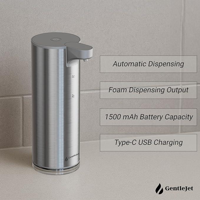 GentleJet EasyFoam Automatic Foaming Soap Dispenser - Touchless Motion Sensor, Rechargeable USB-C, 2 Foam Levels, Stainless Steel, IPX5, 9.5oz Hand Soap Dispenser for Bathroom & Kitchen (Silver) - ModernBath