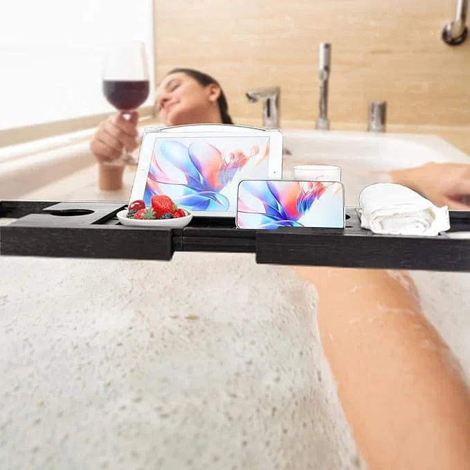 Utoplike Bamboo Bathtub Tray Caddy, Black Bath Tray Table for Tub, Adjustable Bathroom Organizer with Book Tablet Wine Glass Cup Towel Holder - ModernBath