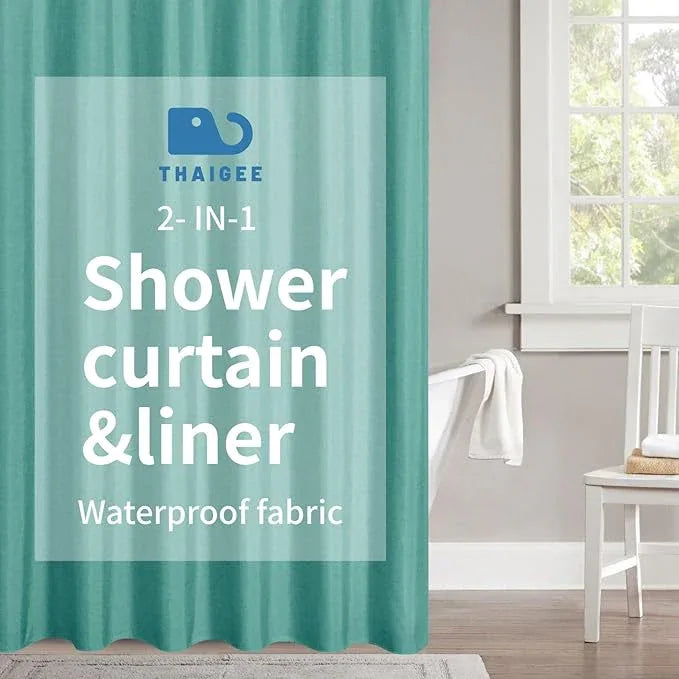 THAIGEE 2-in-1 Waterproof Fabric Shower Curtain or Liner,Linen Textured,Breathable TPU & Washable Bathroom Shower Curtain Set with 12 Plastic Hooks,Modern,72"x72" Teal - ModernBath