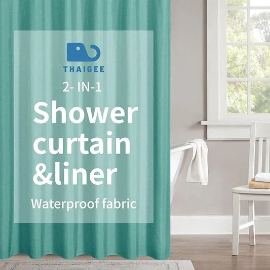 THAIGEE 2-in-1 Waterproof Fabric Shower Curtain or Liner,Linen Textured,Breathable TPU & Washable Bathroom Shower Curtain Set with 12 Plastic Hooks,Modern,72"x72" Teal - ModernBath