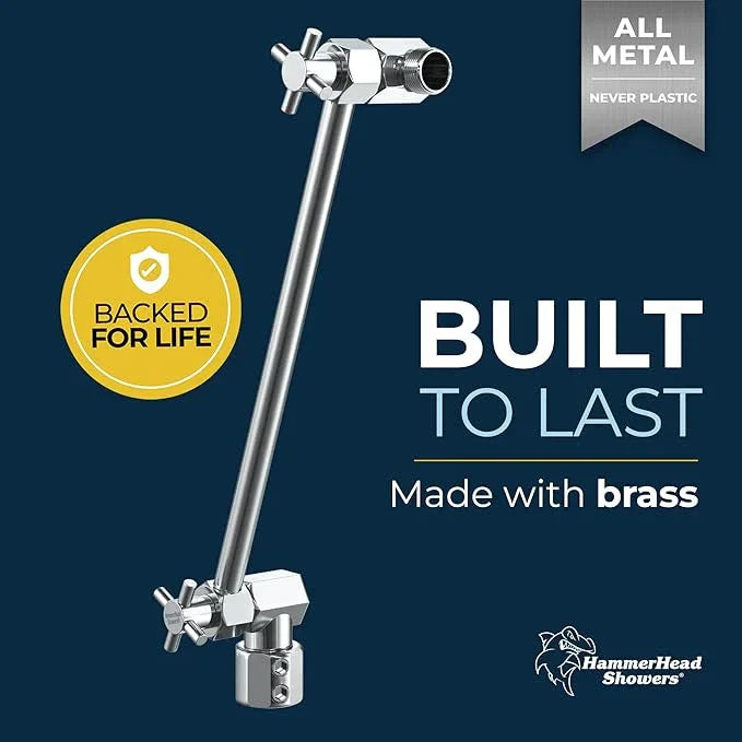 HammerHead Showers® Solid Metal 12-Inch Adjustable Shower Extension Arm – Raises Showerhead Height, Supports up to 10lbs – Chrome - ModernBath