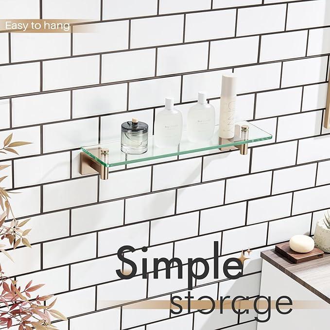 KOKOSIRI Wall Shelves Bathroom Hardware Tempered Glass Floating Shelf Hanging Rack Storage/Room Decor 20-Inch Champagne Bronze 2 Pack B1105CPG-L20-P2 - ModernBath