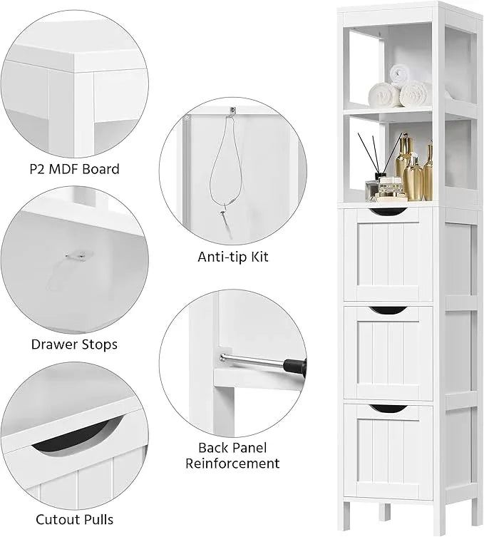 Yaheetech Bathroom Tall Cabinet, Slim Storage Cabinet, Narrow Freestanding Floor Cabinet with 3 Drawers & 2 Shelves, Linen Tower for Small Space, 12" D x 12" W x 56" H, White - ModernBath