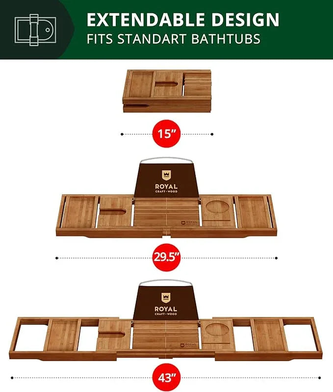 ROYAL CRAFT WOOD Premium Foldable Bathtub Tray - Wood Bath Tray for Tub, Bamboo Shelf, Expandable Bath Table Trays, Bathtub & Bathroom Accessories for New Home Gifts for Mom - ModernBath