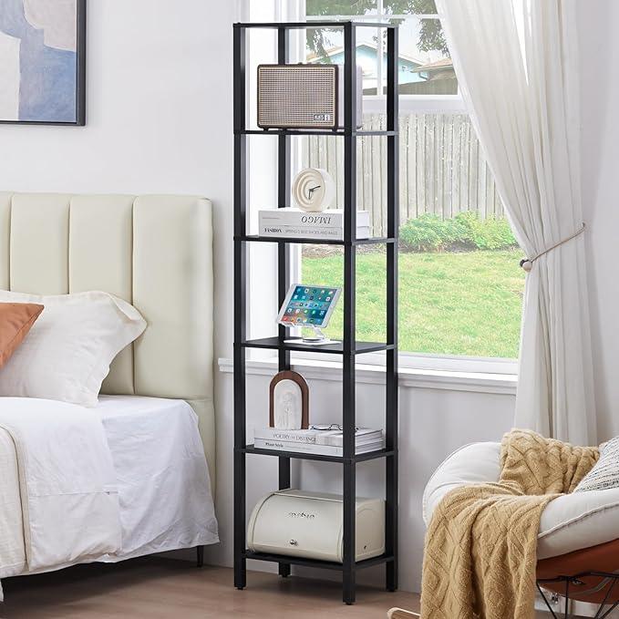 66in Tall Bookshelf 6-Tier Small Narrow Bookcase, Skinny Book Shelf for Small Space, Farmhouse Slim Shelf with Storage, Wood Freestanding Display Thin Bookshelves for Living Room, Office, Black - ModernBath