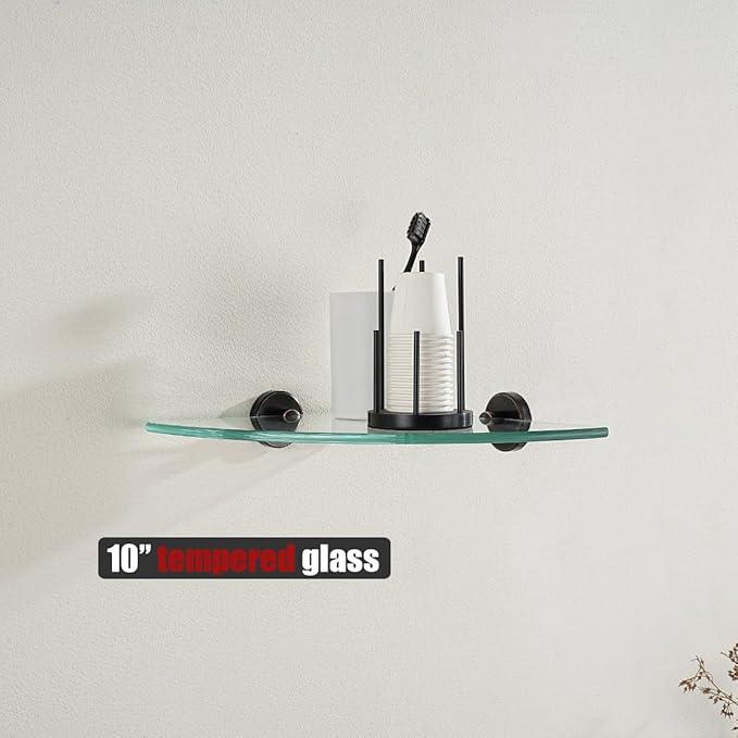 JQK Corner Glass Shelf, Oil Rubbed Bronze Bathroom 304 Stainless Steel Shower Triangle Floating Wall Shelf, 10 x 10 Tempered Glass, 2 Pack, TGS190L10-ORB-P2 - ModernBath
