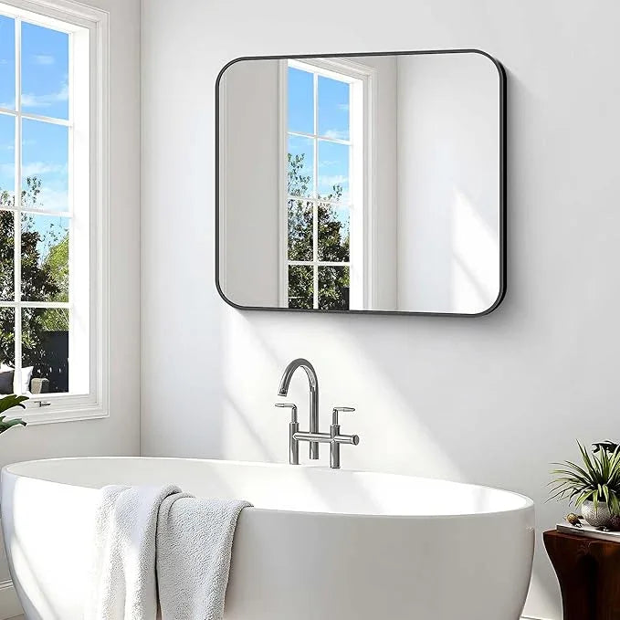 CIVENO Bathroom Mirror, 36 x 30 inch Metal Framed Black Rectangle Mirror, Rounded Corner Rectangular Vanity Mirror, Wall Mounted Mirror for Modern Bedroom Living Room Hangs Horizontal or Vertical - ModernBath
