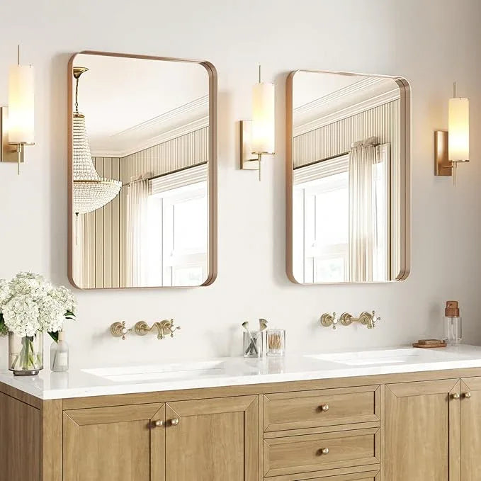 USHOWER Gold Bathroom Mirrors 24"x36" 2 Pack, Brushed Gold Rectangle Mirrors for Over Sink, Rounded Corner, Aluminum Frame, Anti-Rust, Tempered Glass, Horizontal or Vertical Mounted - ModernBath