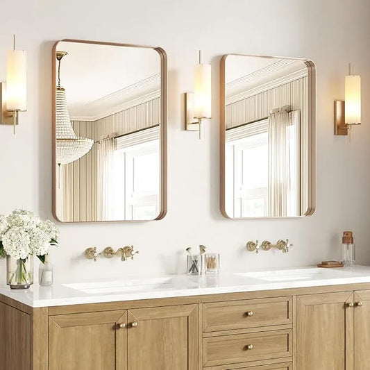 USHOWER Gold Bathroom Mirrors 24"x36" 2 Pack, Brushed Gold Rectangle Mirrors for Over Sink, Rounded Corner, Aluminum Frame, Anti-Rust, Tempered Glass, Horizontal or Vertical Mounted - ModernBath