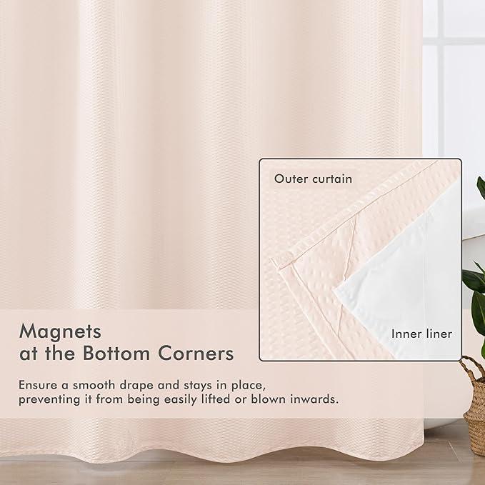 Mrs Awesome No Hook Shower Curtain with Snap-in Liner, Embossed Waffle Design Fabric Shower Curtain for Bathroom, Soft & Lightweight, 71x74, Pink - ModernBath
