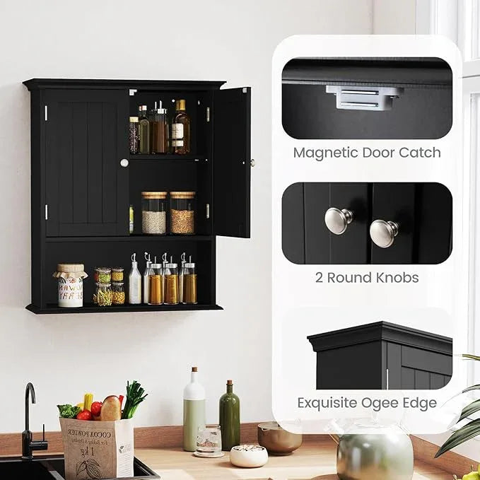 Tangkula Bathroom Wall Cabinet, Wooden Hanging Storage Cabinet with Doors & Shelves, Multipurpose Storage Cabinet for Restroom Kitchen Living Room, Wall Mounted Bathroom Medicine Cabinet (Black) - ModernBath
