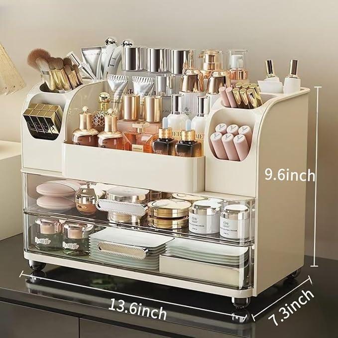Makeup Organizer with Drawers for Vanity,Bathroom Countertop Organizer with Brushes Holder,Skincare Storage Organizer,Perfect Cosmetic Display Case for Skincare,Lipstick and Beauty Essential (Cream) - ModernBath