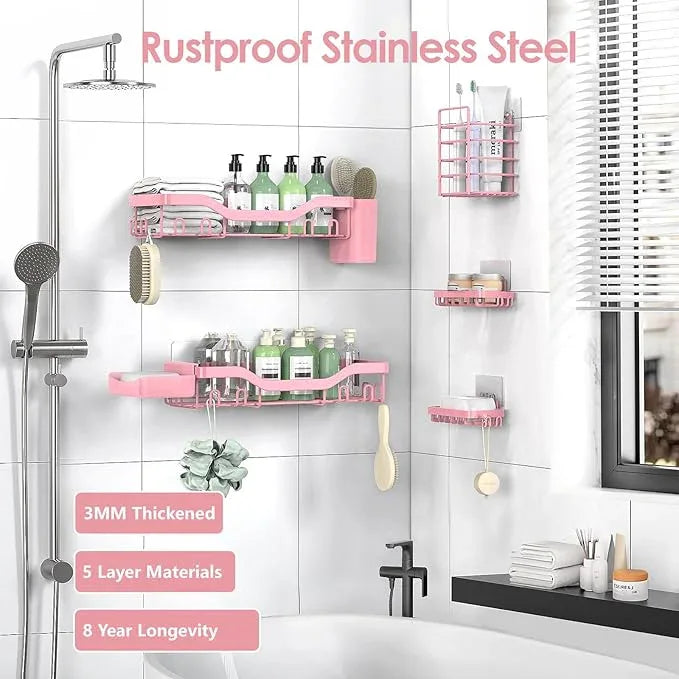 Shower Caddy Adhesive Shower Organizer 7-Pack, Rustproof Stainless Steel Bathroom Shelves, Large Capacity No-Drill Rack Storage Accessories with Soap Dish Toothbrush Holder Hooks (Pink) - ModernBath