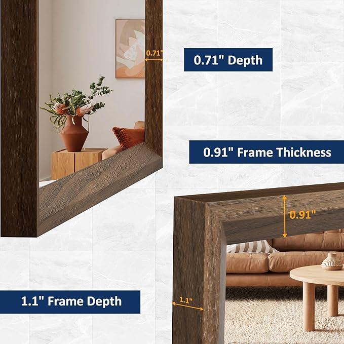 WEER 60X36 Inch Framed Bathroom Mirror, Walnut Rectangular Framed Mirror, Large Wall Mounted Vanity Mirror, Wood Grain Farmhouse Mirror, Tempered Glass, Anti-Rust, Horizontal or Vertical - ModernBath