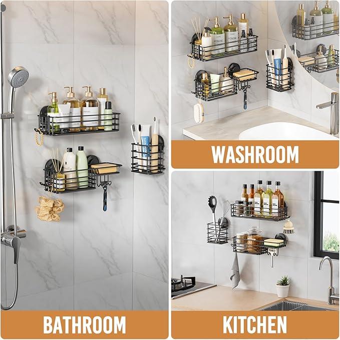 LEVERLOC Shower Caddy Suction Cup, 3 Pack Heavy Duty Bathroom Organizer for Inside Shower with Hooks & Soap Holder, Removable Bathroom Organizer, Rustproof Black Holder Storage - ModernBath