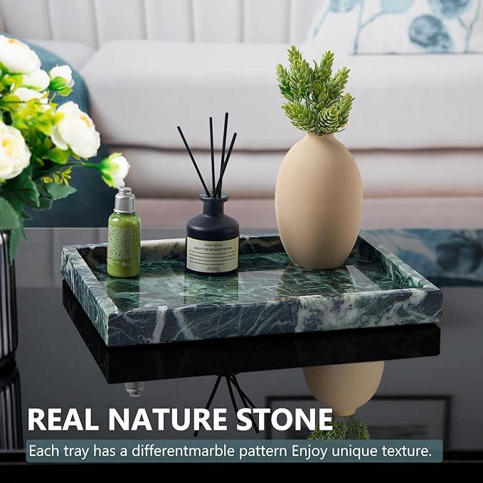 Zilukar Real Natural Marble Tray for Bathroom, Vanity, Kitchen and Desktop, Rectangle Genuine Marble Stone Tray for Jewelry, Cosmetics, Candles, Lotion, Perfume (Snowflake-Green, 12" x 8" x 1.2") - ModernBath