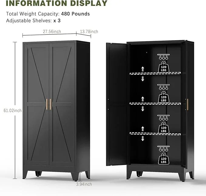 COFaR Black Farmhouse Storage Kitchen Pantry Cabinet with 2 Barn Door, 3 Adjustable Shelves and Legs, for Cupboard/Dining Room/Bathroom/Living Room/Office/Laundry Room (Black, 61" Farmhouse) - ModernBath