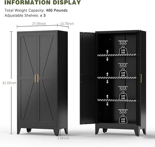 COFaR Black Farmhouse Storage Kitchen Pantry Cabinet with 2 Barn Door, 3 Adjustable Shelves and Legs, for Cupboard/Dining Room/Bathroom/Living Room/Office/Laundry Room (Black, 61" Farmhouse) - ModernBath