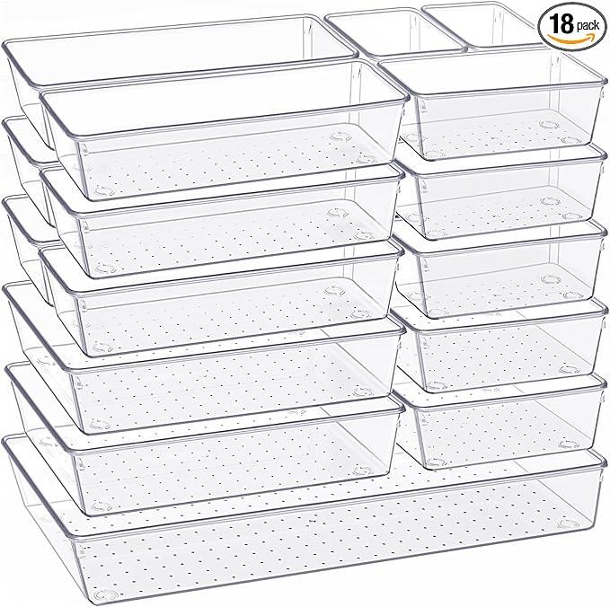 Criusia Drawer Organizer, 18 Pack Large Clear Plastic Kitchen Drawer Organizers Set, 6 Size Versatile Bathroom and Vanity Drawer Organizer Trays, Storage Bins for Makeup, Bedroom, Kitchen Utensils - ModernBath