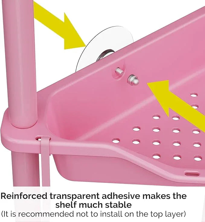 Orimade Rustproof 5 Tier Floor Standing Corner Shower Caddy Organizer, Plastic Metal Splicing Floor Corner Shelf Rack Stands for Bathroom, Pink - ModernBath