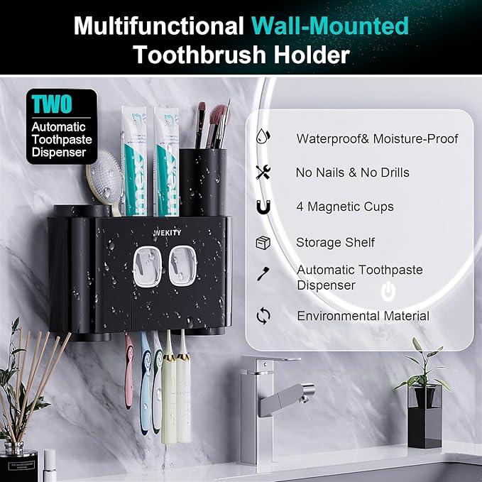 Toothbrush Holder,Multi-Functional Wall Mounted Toothbrush Holder,Toothpaste Dispenser for Bathroom with 2 Toothpaste Squeezers,5 Toothbrush Slots and 4 Cups(Black) - ModernBath