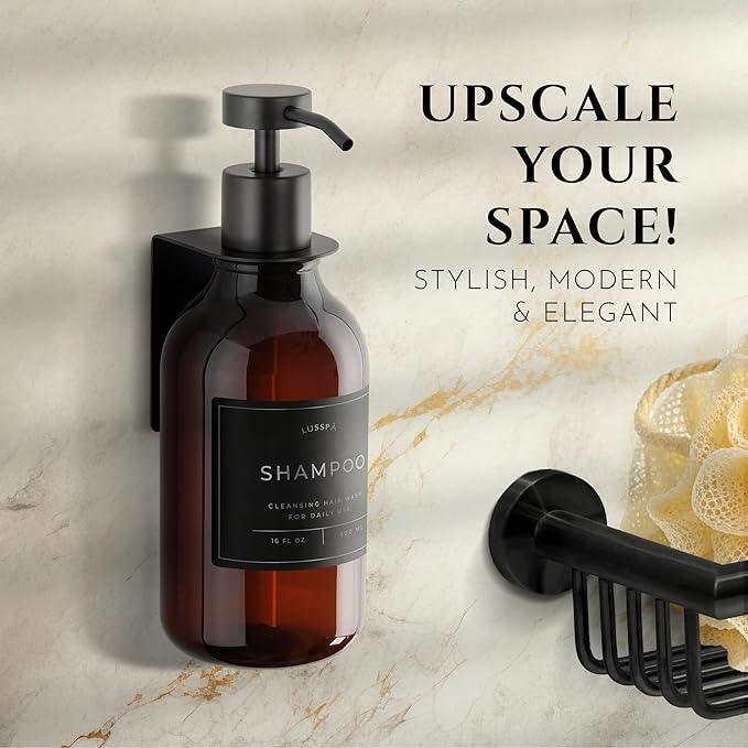 Shampoo & Conditioner Dispenser - Shower Soap Dispenser Wall Mounted - 16.9 Oz Plastic Bottle with Pump & Holder - Shampoo Dispenser - Shower Dispenser Chamber No Drill (1 X Amber/Black) - ModernBath