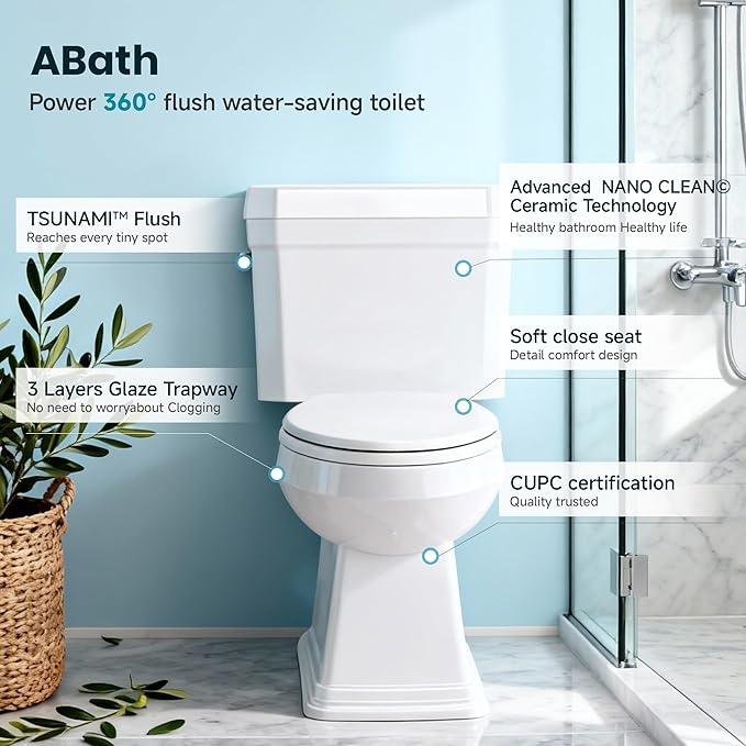 Two Piece Toilets for Bathrooms, Elongated Toilet with 17" Chair Height Soft Close Seat, 1.27 GPF Power Flush, Nano Self-Cleaning Glaze, WaterSense/1000g Map Certified, White ADA toilet 12" Rough In - ModernBath